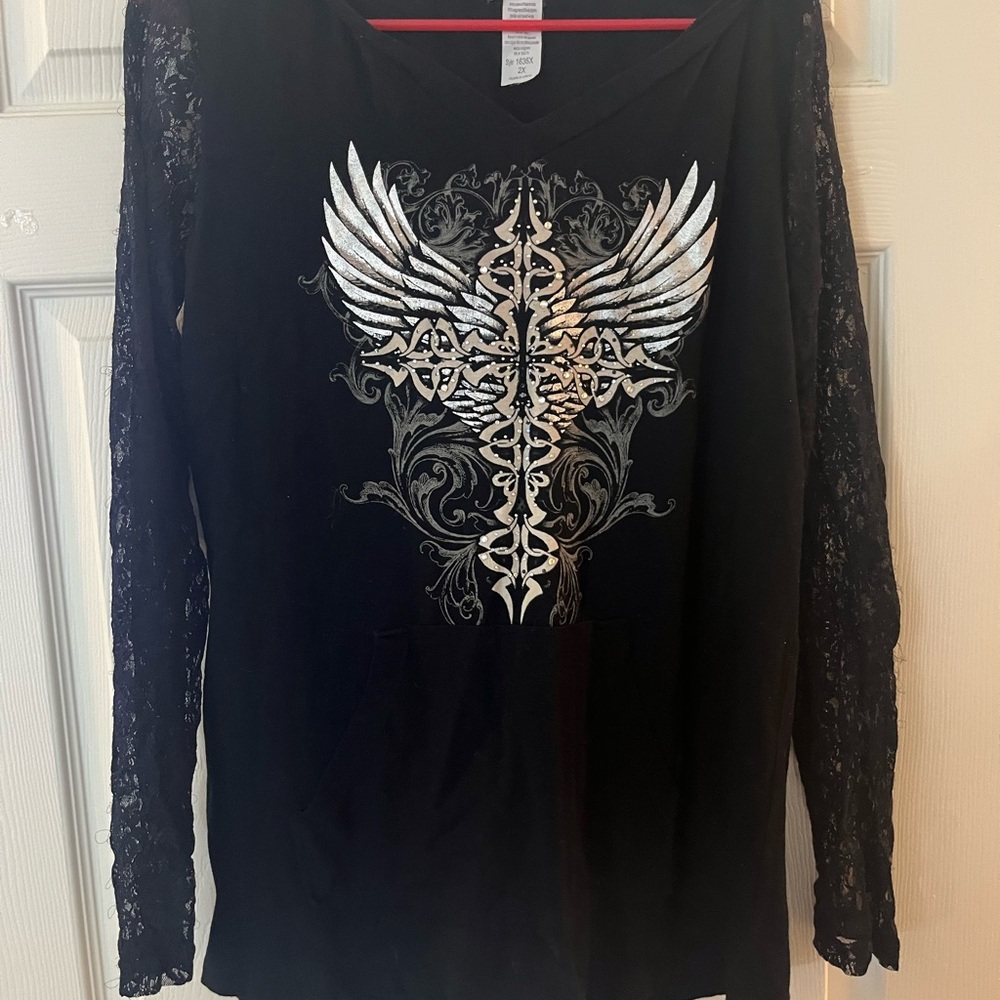 Black Graphic Blouse with Ornate Cross Design